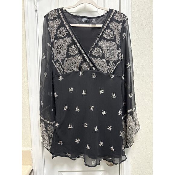 Y2K Black V Neck Floral Paisley Print Fairy Sleeves Silk Baby Doll Top Size XL - Picture 3 of 7